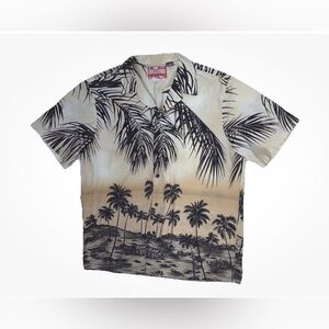 RJC Men’s XL Yellow Hawaiian Aloha Shirt Palm Tree Floral Short Sleeve Beach